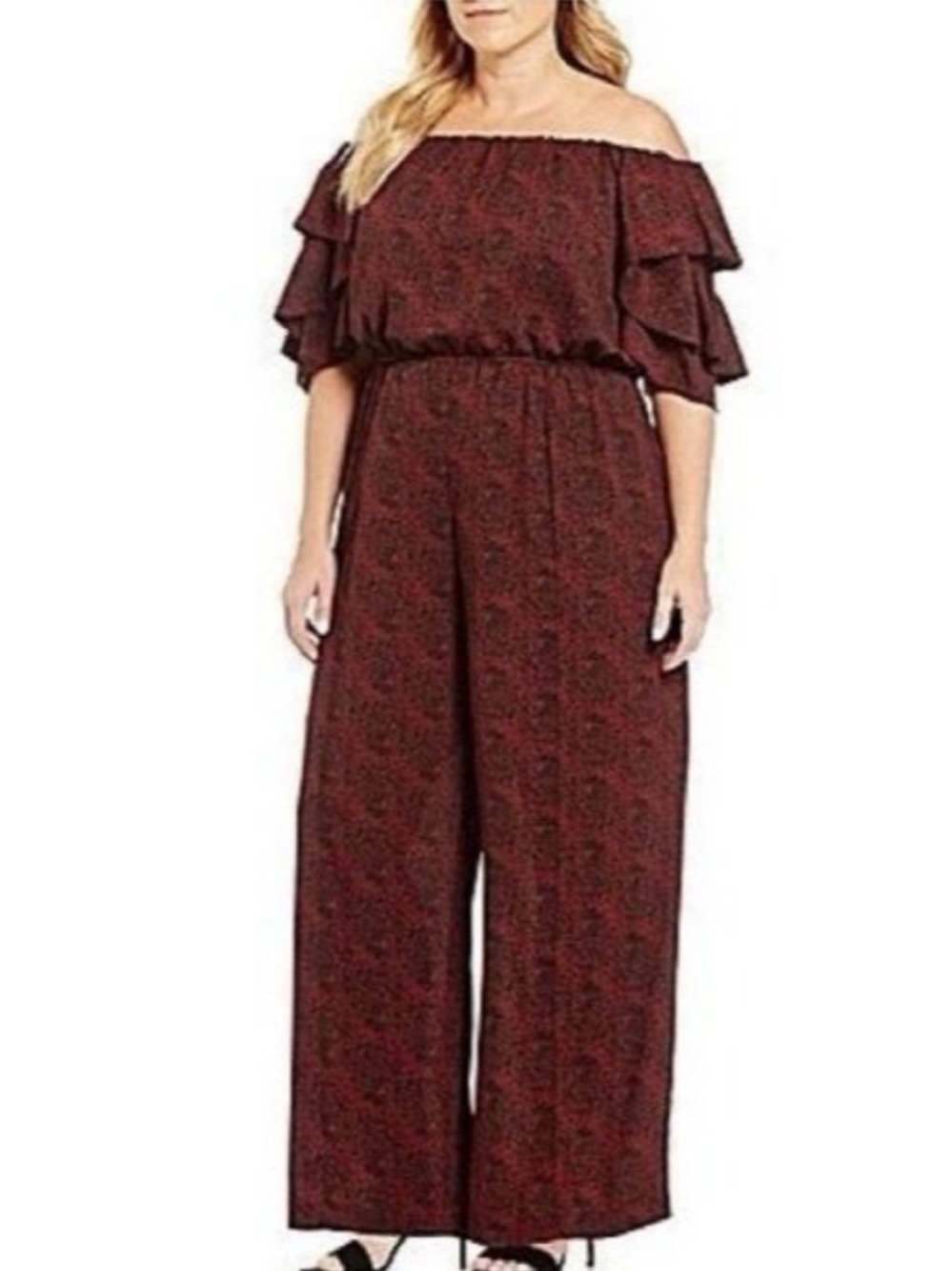 Gibson Latimer Women Jumpsuit Off-Shoulder Puff Butterfly Sleeves Burgundy L NWT